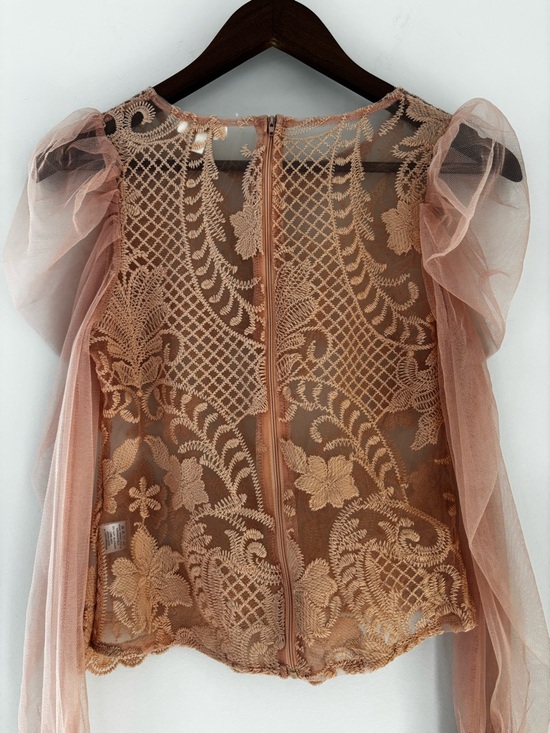 Peach Lace Mesh Puff Sleeve Crop Top Romantic Coquette Sheer Blouse S - Picture 14 of 15
